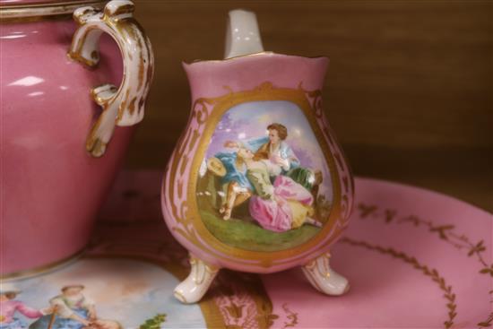 A Sevres style Pompadour pink tete à tete tea service tray 17in.